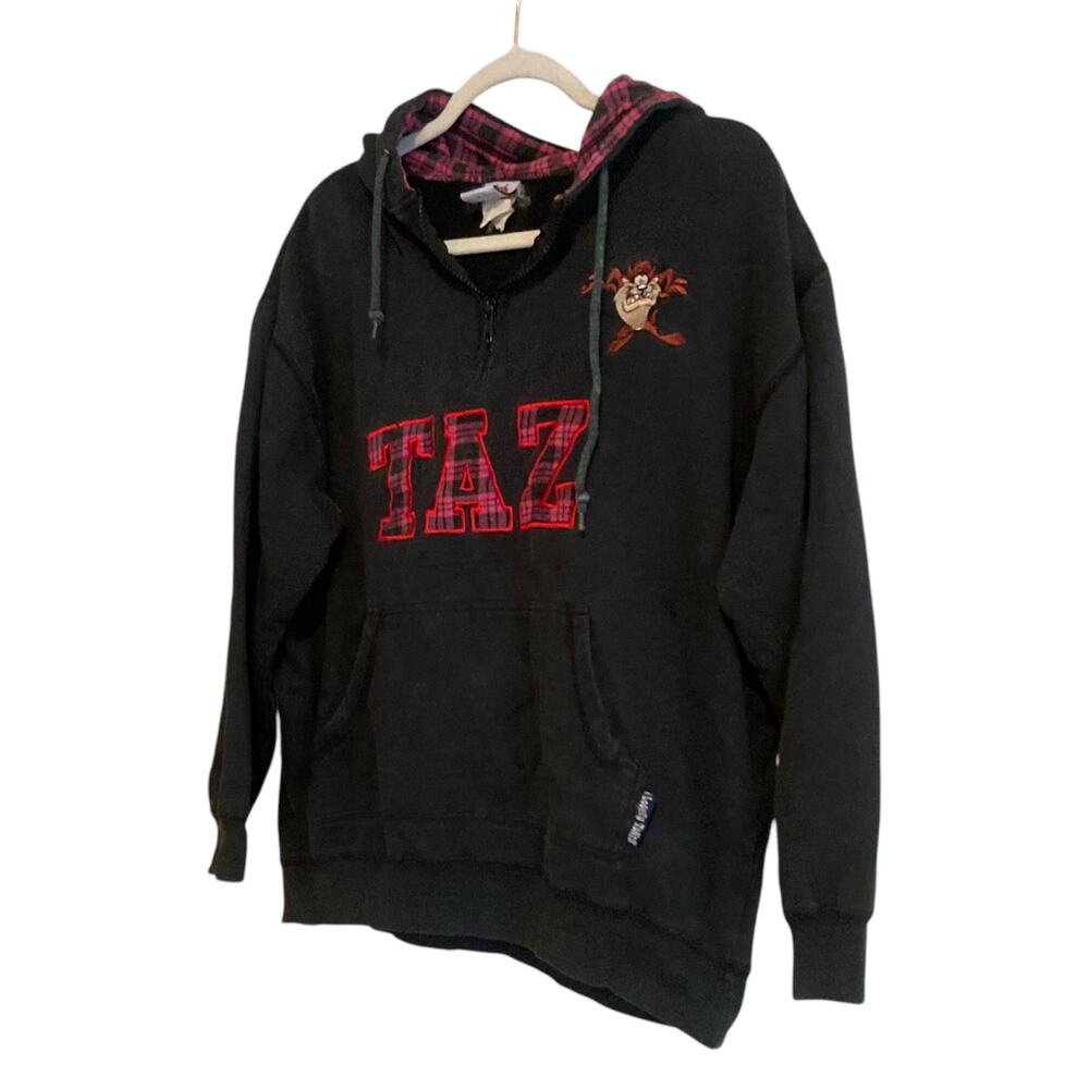 Y2K Looney Tunes Black Pink Plaid Taz Tasmanian Devil cartoon Hoodie Size Medium - Picture 16 of 16